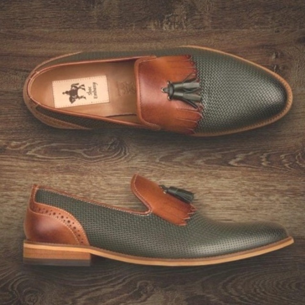 Embassy London Tassel Kiltie Loafers Mens 12 Green Leather Brogue Two Tone